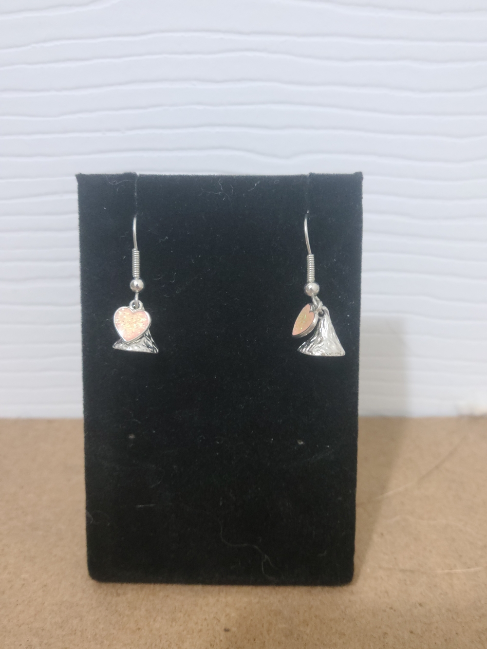 Silver Tone Heart Drop Earrings with Pink Accent